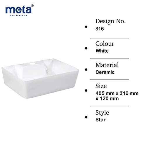 Image of Meta Table Top Ceramic Wash Basin - Countertop Designer Vessel Sink - Bathroom Washbasin over counter For Hotel Home Living Room - Glossy Finish (16 x 12 x 4.5 Inch, White)