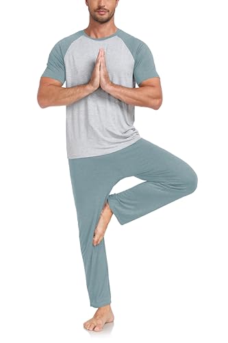 COLORFULLEAF Men's Pajamas Set Bamboo Rayon Soft Sleepwear Short Sleeve and Pants Pjs Sleep Set With Pocket