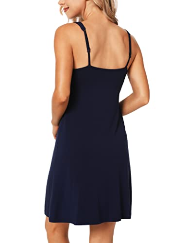 Lazycozy Women's Chemise Nightgown Full Slips Soft Bamboo Sleepwear V Neck Nightwear Sexy Lingerie Night Dress, Navy, Large #TOP2