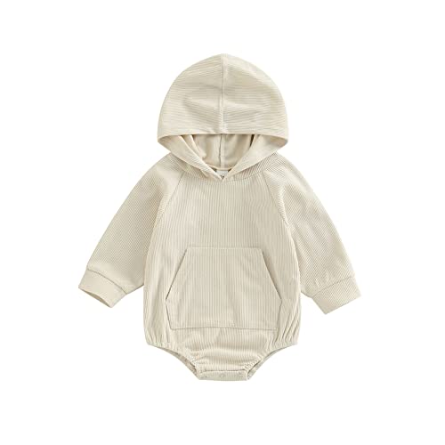 Image of xiqaalombvt Infant Baby Boy Girl Fall Clothes Hoodie Pullover Sweatshirt Romper Solid Color Long Sleeve Onesie Outfit (Corduroy Beige, 0-6 Months)
