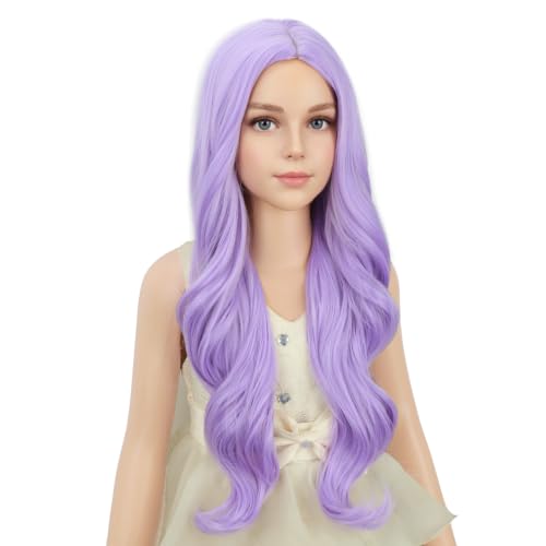 Image of PATTNIUM Purple Wig for Kids Girls Long Wavy Curly Purple Wigs Light Purple Child Lavender Synthetic Wigs with Wig Cap