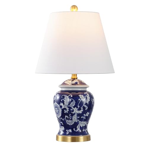 Image of JONATHAN Y 22 inch Navy /White Ceramic Table Lamp, French Country Chinoiserie Ginger Jar LED Bedside Lamp for Living Room Bedroom, White Linen Shade (JYL3005D)