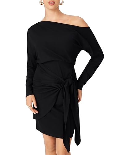 CIDER Off The Shoulder Dresses for Women One Shoulder Going Out Dress Tie Front Long Sleeve Dresses Fall Outfits4