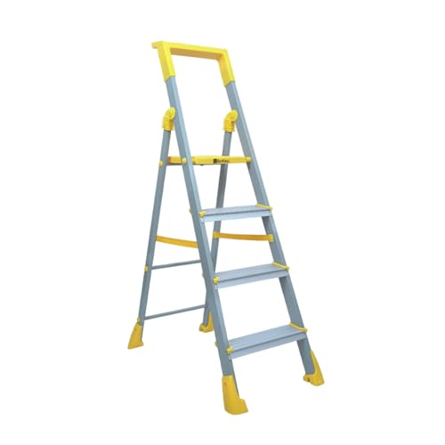 Image of BonKaso Climb Lite Pro+ 4 Step Foldable Ladder with Tool Tray (89.8W x 137H Cm)| Heavy-Duty, Anti-Slip & Firm Grip, Load Capacity Upto 120kg | Durable & Portable (Aluminium Step, Yellow & Satin)