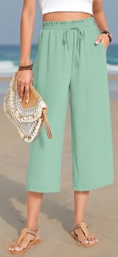 Image of Anyhold Women's Capri Pants Drawstring Casual Palazzo Trousers with Pockets Loose High Waisted Wide Leg Lounge Pants