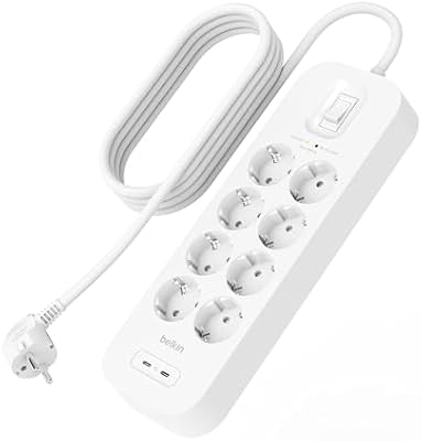Belkin Regleta Enchufe USB con protección contra sobretensiones de 8 enchufes CA, Montaje en Pared, Cable de 2 m, 2 Puertos USB-C PD de Carga rápida, LED de Estado, 900 Julios de Defensa eléctrica