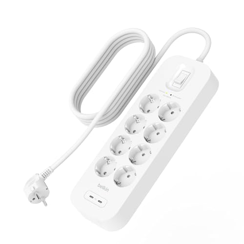 Belkin Multipresa con USB montabile a parete con 8 prese protette,cavo di alimentazione da 2m,LED di stato,2 porte USB-C con ricarica rapida,ciabatta elettrica con protezione fino a 900 J,Bianco