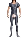 Lejafay Mens Oily Nylon Sheer Full Bodysuit Crtochless Metallic Glossy Romper Sissy Jumpsuit Nightwear Grey X-Large