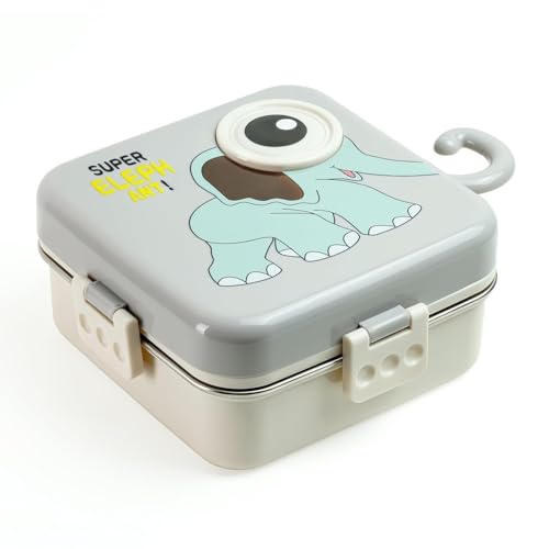 Image of TEKCOOL Grey Kids Lunch Box - Stainless Steel Insulated Tiffin for School with Spoon, BPA-Free | Leak-Resistant Bento Box with Tray & Container | 1120ml + 70ml (Grey, Super Elephant)';