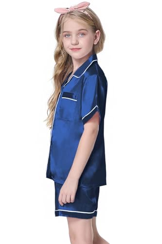 Schbbbta Kids Satin Pajamas Sets Girls Button-Down Pjs Short Sleeve Silk Lounge Sets Nightwear,Navy, 7-8 Years3
