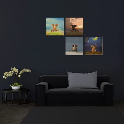 Cartoon Elephant Wall Art Nursery Animals Canvas Pictures Resting Elephant Looking To The Sky Paintings Cute Animal Prints 4 Pieces Artwork For Bedroom Living Room Bathroom 12”X12” #TOP3