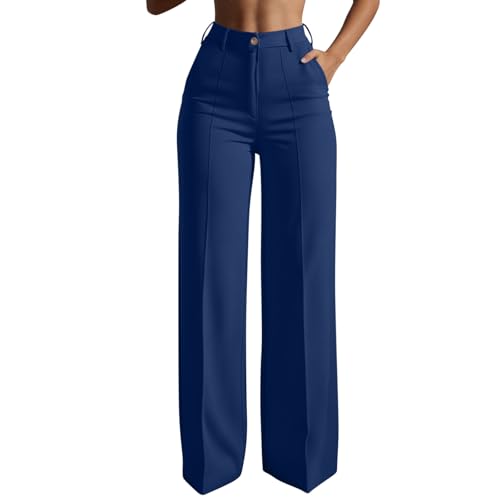 Image of Work Pants for Women Casual Smart Trousers Wide Leg High Waisted Office Work Formal Trousers Half Elasticated Waist Stretch Lounge Suit Pants with Pockets Plain Palazzo Full Length Bottoms Navy