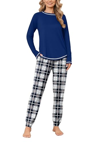 Ekouaer Pigiama Set Donna Manica Lunga Abbigliamento da Notte Lungo Pigiami Invernale Girocollo Blu Navy S