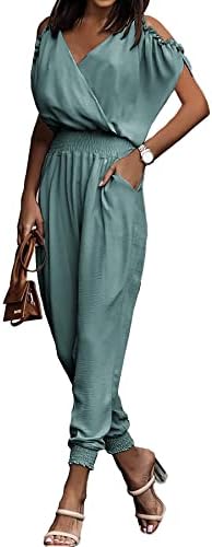 PRETTYGARDEN Jumpsuit for Women Casual Summer Wrap V Neck Cold Shoulder One Piece Outfits Pants Romper (Fruit Green,X-Large)