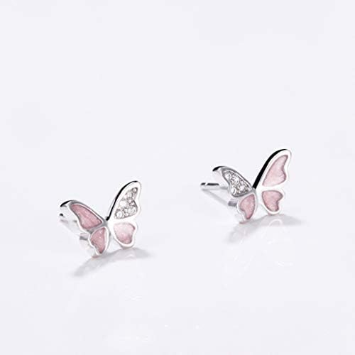HAISWET Pink Enamel Butterfly 925 Sterling Silver Stud Earrings White Cubic Zirconia