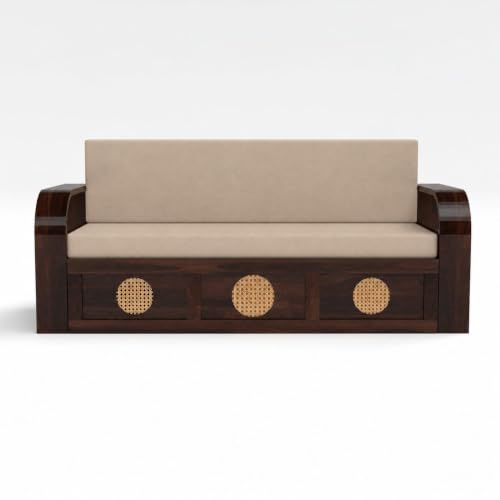 Image of Kunjal Furniture Solid Sheesham Wood Sofa Cum Bed with Storage for Living Room | 3-Seater Convertible Sofa Bed | Handmade Wooden Furniture (Walnut+Beige, Round Cane)