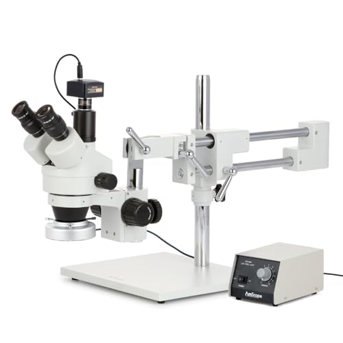 AmScope SM-4TZ-80M-5M Digital Professional Trinocular Stereo Zoom Microscope, WH10x Eyepieces, 3.5X-90X Magnification, 0.7X-4.5X Zoom Objective, 80-Bulb LED Ring Light with Rheostat, Double-Arm Boom Stand, 110V-240V, Includes 0.5X and 2.0X Barlow Lenses and 5MP Camera with Reduction Lens and Software