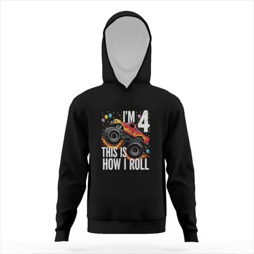 Vintage 4 Year Old Shirt 4th Birthday Boy Monster Truck Car Hoodies for Teen Girls Boys Kangaroo Pocket Sweatshirt3