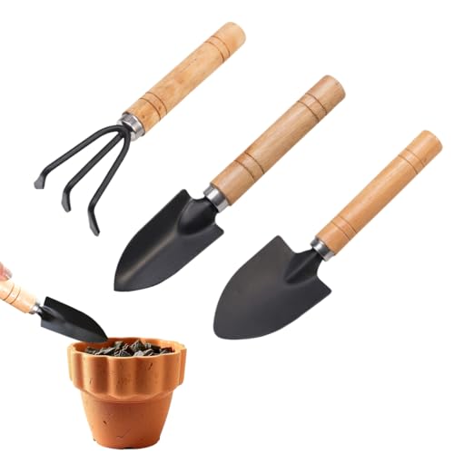 Juego de herramientas de jardinería, 3 Piezas Pala Jardineria, Mini herramientas de jardinería, con Mango de Madera Antideslizante - Regalos para Mujeres y Hombres, Multicolor