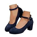 Schwarze Schuhe Damen Elegant, Trachtenschuhe Damen Elegant und Bequem Trachten Dirndl Oktoberfest Schuhe mit Riemchen Blockabsatz Pumps Absatzschuhe High Heels Hochzeitsschuhe, Dunkelblau, 39