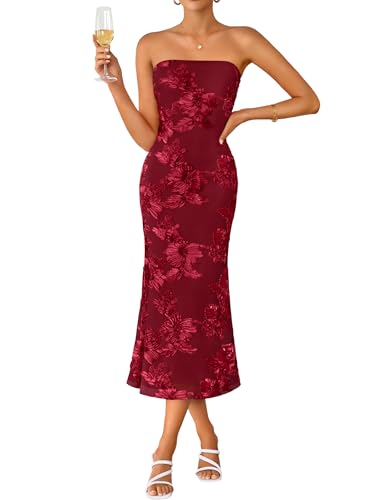 graceful wedding guest dress strapless floral bodycon mesh - red