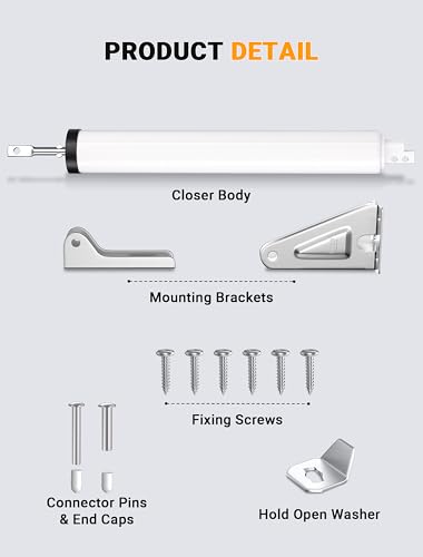 SARDVISA Storm Door Closer, Heavy Duty Pneumatic Screen Door Closer, Adjustable Closing Speed, Safety Closure with Hold Open Feature, Universal Window & Door Bracket Kit (White)