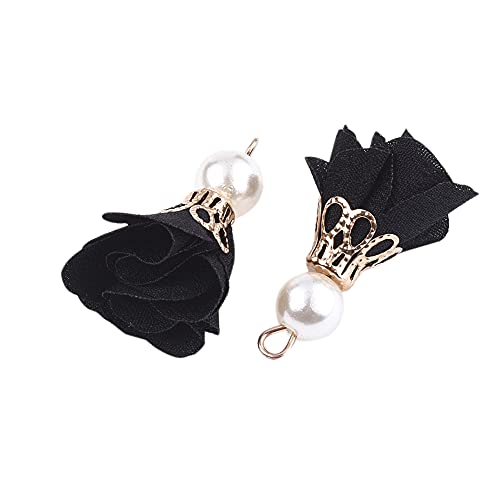 Cheriswelry 200Pcs Cloth Fabric Flower Pendants Acrylic Pearl Floral Petal Tassel Charms With Golden Filigree Flower Metal Cap Mixed Color For Diy Earrings Keychain Jewelry Making Crafts 25-32Mm #TOP2
