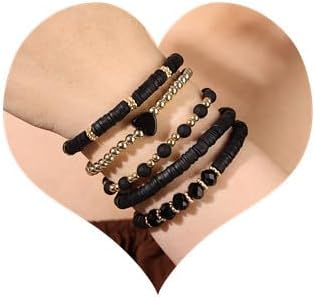 Sither Heishi Clay Beads Bracelets Pack for Women Boho Friendship Stretch Bracelets Set Stackable Gold Bead Bracelets Jewelry for Gift