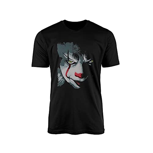 Image of Willow Gifts - Killer Clown Face T-Shirt - Horror Movie Chapter Novel Inspired Men's Gift Top 100% Combed Cotton High-Density Extreme Comfort (Black, Large)