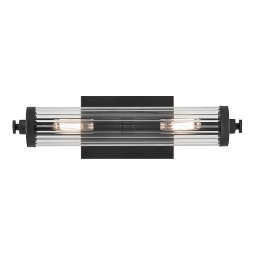 Image of KICHLER Azores 16 inch 2-Light Wall Sconce, Vintage Industrial Light with Clear Fluted Glass in Black, for Hallways, Bathroom, Laundry Room, or Kitchen (16 inch x 4.5 inch), 45648BK