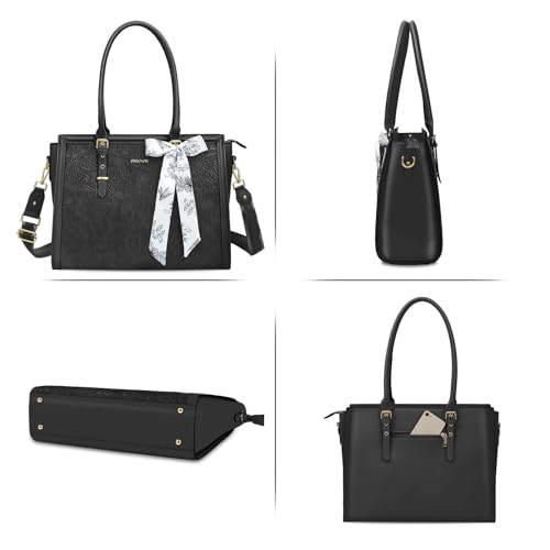Image of MOSISO Laptop Bag for Women, PU Leather Tote Bag, Front Embossed Retro Hibiscus Computer Bags with Silk Scarf&Clutch Purse