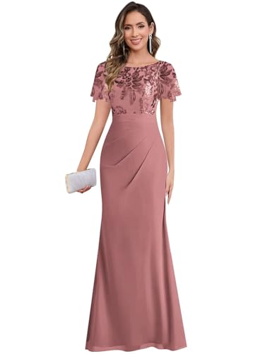 AUMEELAM Women's Sequin Chiffon Mother of The Bride Dress Mermaid Short Sleeve Formal Dresses