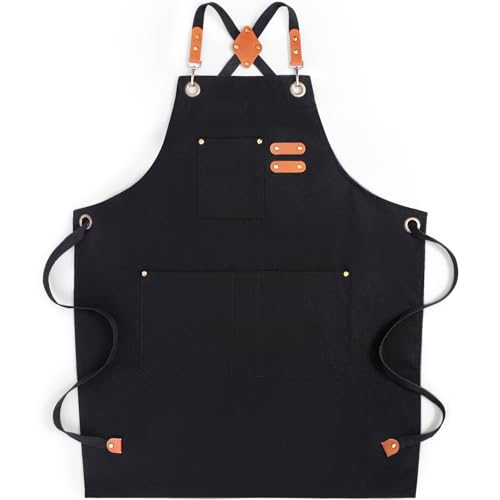 Chef Aprons for Men Women with Large Pockets, Cotton Canvas Water Repellent Kitchen Apron for Cooking