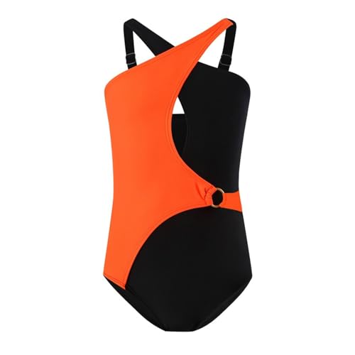 Girls One Piece Swimsuits Fashion Color Block Bathing Suit Front Criss Cross Swimwear Monokini (Orange, 10-12 Years)