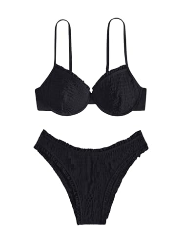 SOLY HUX Women's Bathing Suit Smocked Frill Underwire Swimsuit Two Piece Bikini Sets
