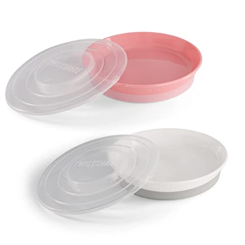 Twistshake 2x Teller | Babyteller mit luftdichtem Deckel | BPA-freier Baby-Entwöhnungsteller | Essenstrainingsteller | Lernteller für Kinder | 6 Monate+ | Neugeborenen-Essentials | Rosa Weiß