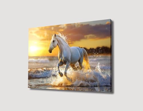 Tableau sur toile cheval blanc au galop pour sublimer l'ambiance chaleureuse de votre salon