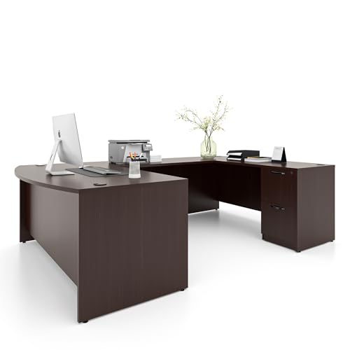ALFA BUSINESS 66.93'' U-Shaped Executive Office Desk with Locking File Cabinets, Commercial-Grade Workstation with Cable Management, Heavy Duty Executive Office Furniture, Espresso