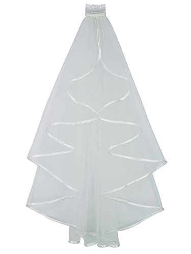 28" Short Wedding Veil for Bride - 1T 1 Tier Ribbon Edge with comb (White)