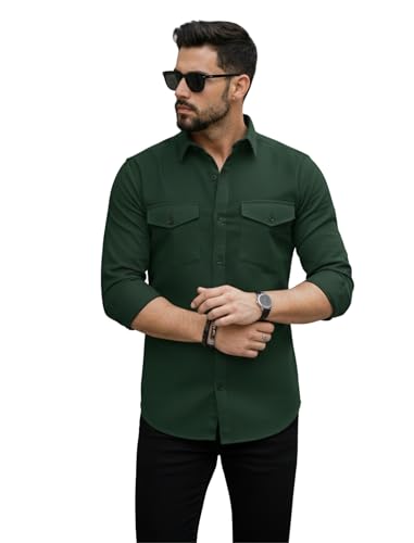 Image of DEELMO Men's Classic Cotton Blend Slim Fit Shirt || Full Sleeve Button-Down Casual Shirt with Dual Flap Pockets || Soft Breathable Fabric || Ideal for Office Party and Everyday Wear
