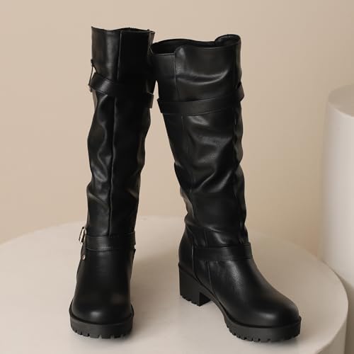 Womens Elegant Block Heel Slouch Boots Round Toe and Slip-on Knee High Boots for Casual Outfits3