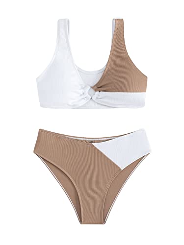 Image of SweatyRocks Girl's Two Piece Color Block Swimsuit V Neck Ribbed Bikini Set Bathing Suit Beachwear
