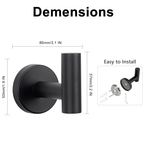 NearMoon Bath Towel Hooks- SUS 304 Stainless Steel Robe Hook Holder, Heavy Duty Coat Hook for Bathroom Livingroom Hotel Kitchen Garage, Wall Mounted (Matte Black, 4 Pack)