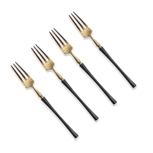 BRIIEC Black Handle Gold 18/10 Stainles Steel Cake Forks Set 3 Tines Fruit Salad Fork, Slim Cutlery for Kitchen Hotel Restaurant Wedding Party, Matte Finish, Dishwasher Safe, Pack of 4