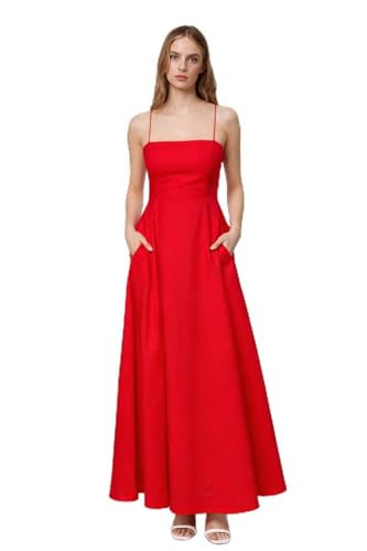 Image of Women's Spaghetti Strap Midi Dress, Fit and Flare A-Line Silhouette, Square Neck Summer Sundress