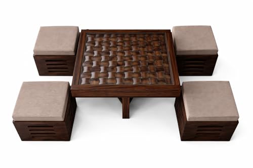 Image of Solid Sheesham Wood Center Coffee Table Set - Includes 4 Stools and Glass top Table Wooden Niwar Design ; Furniture for Living Room, Hall and Office. (Dark Walnut)