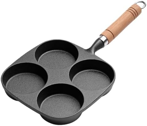 Desirable 目玉焼きフライパン 鋳物 鉄分補給 仕切り ガス火・IH対応 フリー 4つ穴円形フライパン マルチパン 朝食パン 洗いやすい 大判焼き器 お弁当 今川焼き パンケーキ 焼きおにぎり 3年保証木柄付 (4つ穴フライパン)