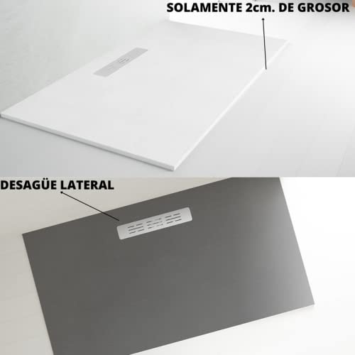 Plato de ducha de resina de diseño exclusivo desagüe lateral Color MARFIL. textura pizarra antideslizante C-3 GEL-COAT.ULTRA-PLANO (2cm). incluye válvula y rejilla en INOX. 5 años de garantía.