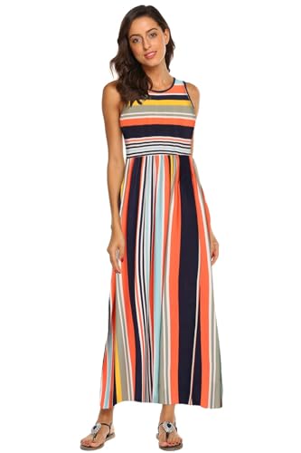 BDTECAOR Damen Sommer Casual Einfarbig Ärmellose Lockere Strandkleid Maxi Kleid mit Taschen Mehrfarbige Streifen L 2