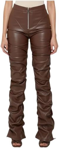 Women's Black High-Waisted Faux Leather Pants Ruched Flared Design for Autumn & Winter, Concert, Stylish & Edgy